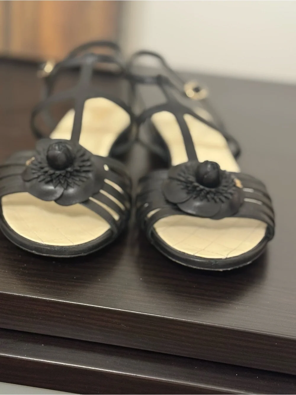 CHANEL Black Leather Camellia T-Strap Sandals